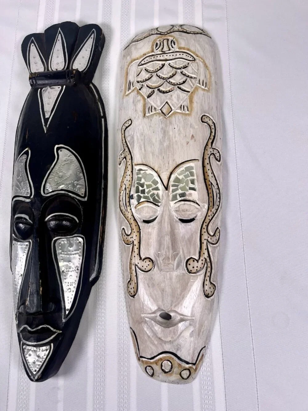 VTG Hand Carved Wooden Tribal Wall Masks Set of 2 Boho Coastal White, Black Folk